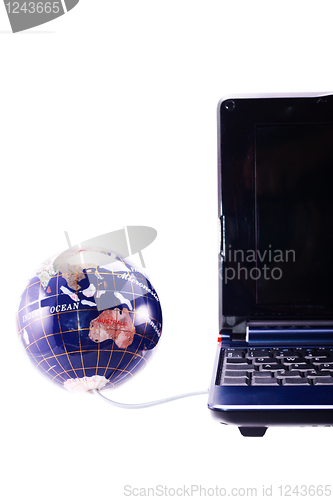 Image of Computer and globe render The World at Your Fingertips concept 