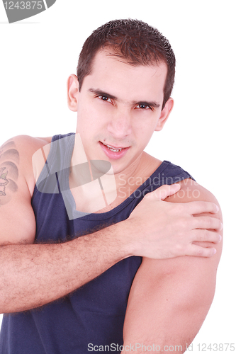 Image of young caucasian bodybuilder having a shoulder pain 