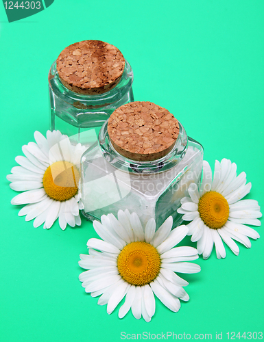 Image of Bottles of essential oil and sea salt with white camomiles 