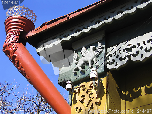 Image of fragment of a old Russian house with decorative carvings and rai