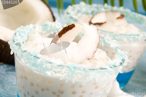 Image of Coconut pudding with tapioca pearls and litchi jelly