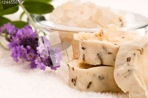 Image of Handmade Soap With Fresh Lavender Flowers And Bath Salt