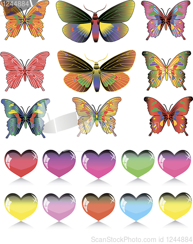 Image of set of different butterflies and hearts