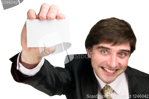 Image of cheerful man with business card