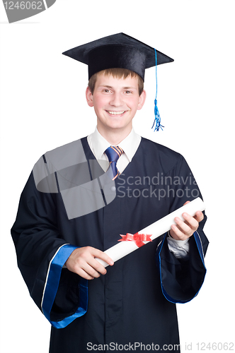 Image of happy smiling graduate guy with diploma isolated