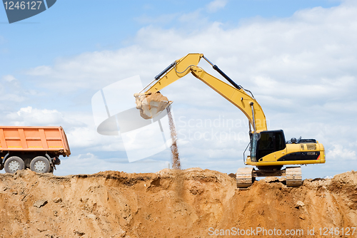 Image of Excavator loading dumper truck