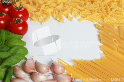 Image of Ingredients for a pasta meal on white background