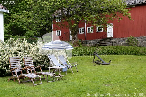 Image of Chairs and parasol in a garden