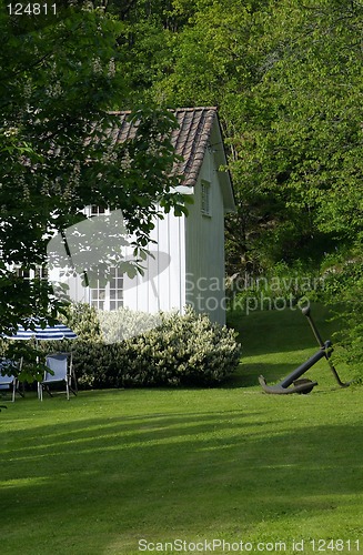 Image of Detail of old, white, wooden house in Norway