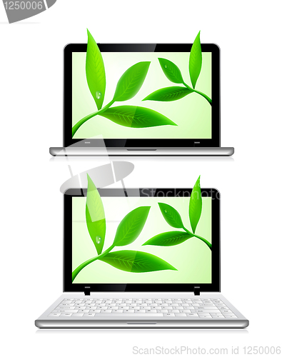 Image of Laptop with leaves on white background