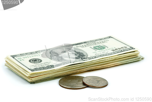 Image of Pack of $100 banknotes and two coins