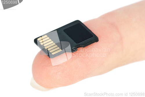 Image of Tiny flash memory card on fingertip