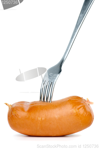 Image of Fork and sausage isolated on the white background