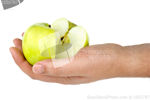 Image of Hand holding green apple sliced in half