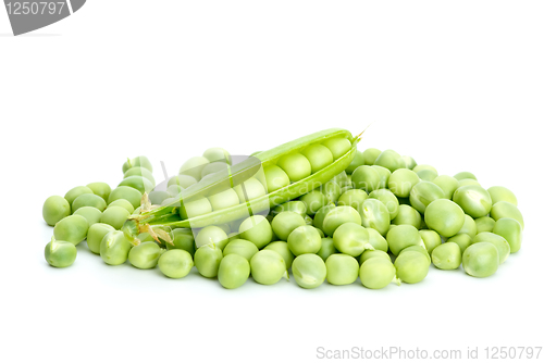 Image of Cracked pod over pile of green peas
