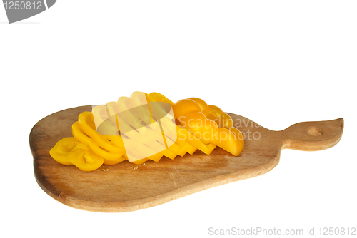 Image of Cutting board with sliced yellow bell pepper