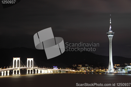 Image of Urban landscape of Macau with famous traveling tower under sky n