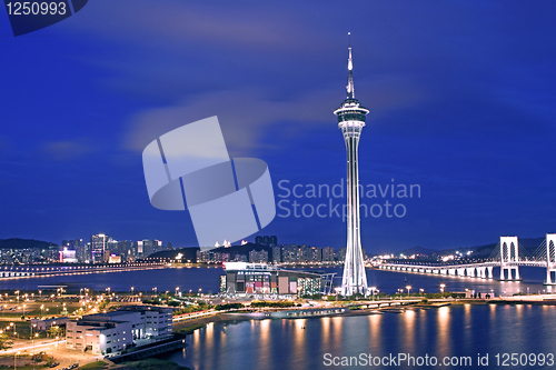 Image of Urban landscape of Macau with famous traveling tower under sky n