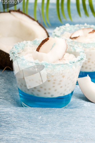 Image of Coconut pudding with tapioca pearls and litchi jelly