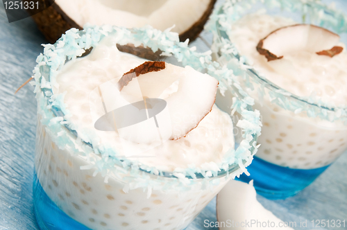 Image of Coconut pudding with tapioca pearls and litchi jelly