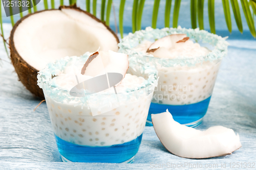 Image of Coconut pudding with tapioca pearls and litchi jelly