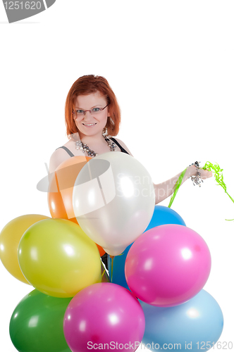 Image of Beautiful woman with multicolored air balloons