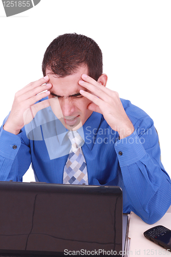 Image of Young male business entrepreneur with a headache against white background 
