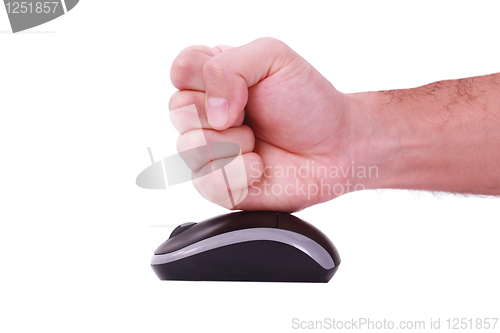 Image of A male man punching a white mouse, white background