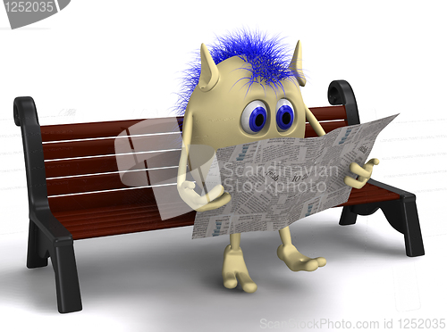 Image of Haired 3D puppet reading newspaper on bench