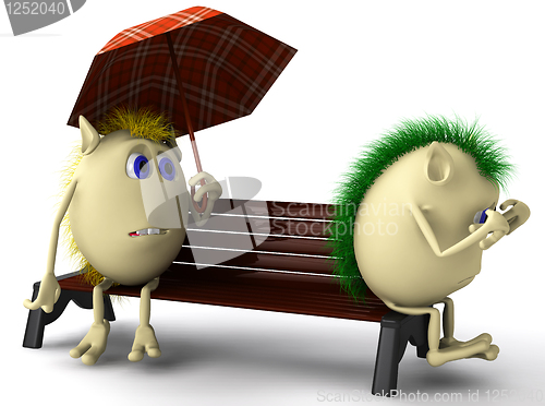 Image of Two unhappy puppets sitting on brown bench