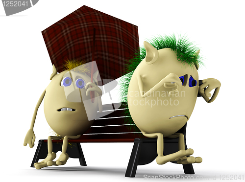 Image of Look on puppets sitting on brown bench