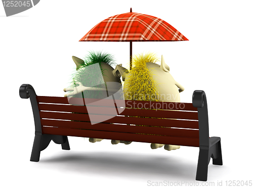 Image of Look from behind on puppets under umbrella