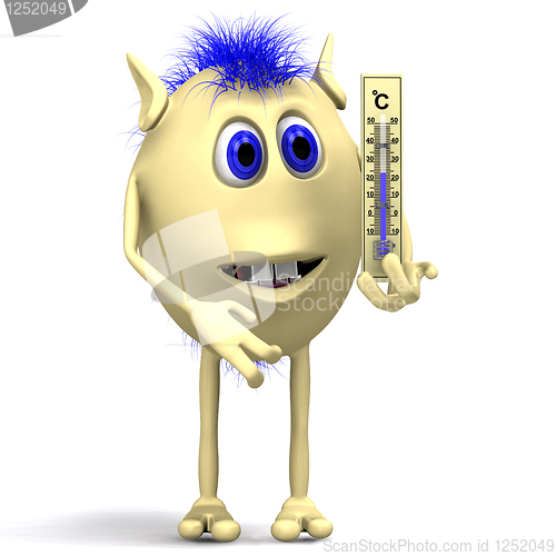 Image of Haired puppet holding big plastic thermometer