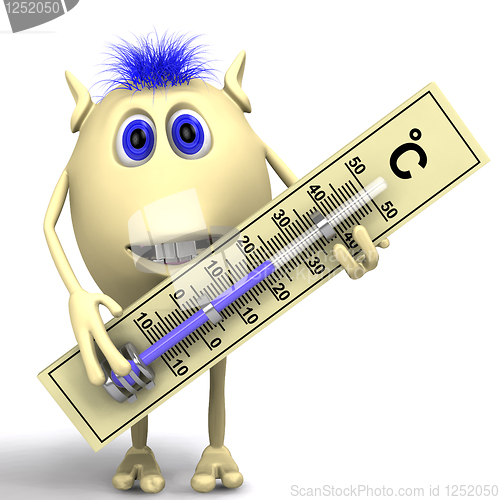 Image of Haired puppet holding big plastic thermometer