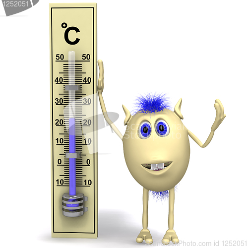 Image of Haired happy puppet standing near big thermometer