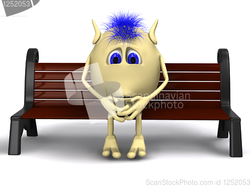 Image of Haired puppet thinking on brown park bench
