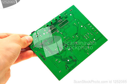 Image of Human hand holding green computer circuit board