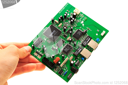 Image of Human hand circuit board on white background