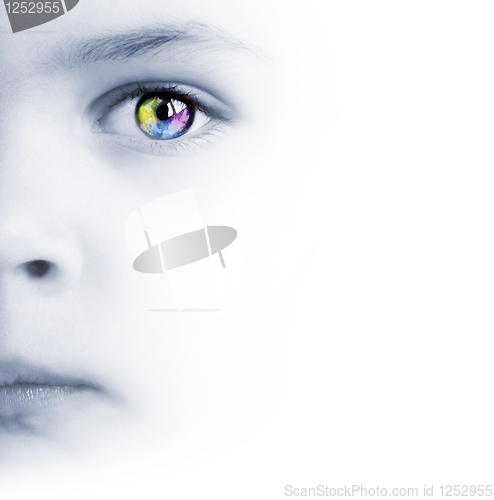 Image of Child's face, colorful eye and map