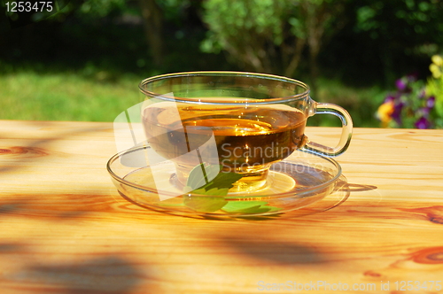 Image of cup of tea in the garden