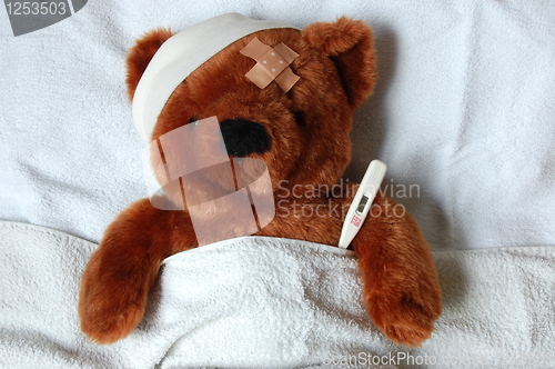 Image of sick teddy with injury in bed