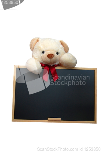 Image of teddy with empty blackboard