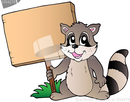 Image of Cartoon racoon holding wooden board