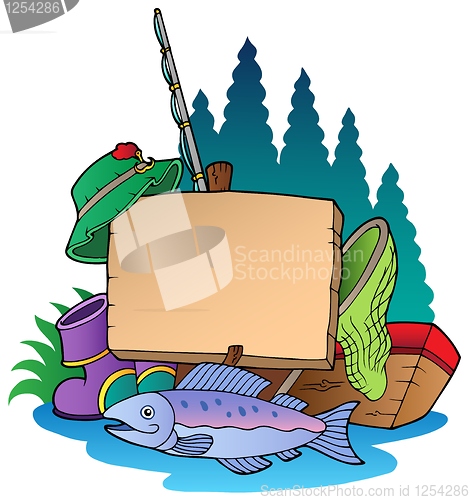 Image of Wooden board with fishing equipment