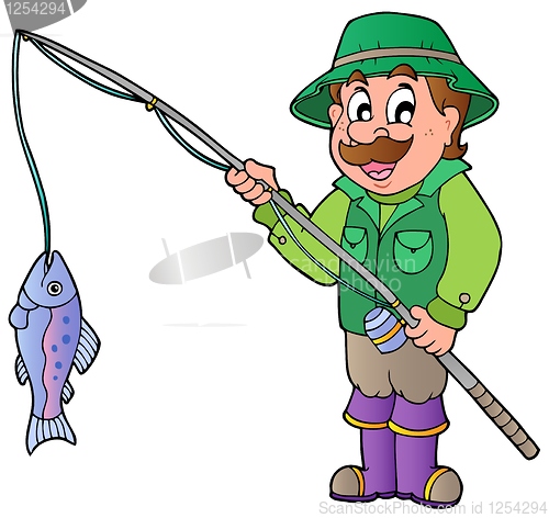Image of Cartoon fisherman with rod and fish