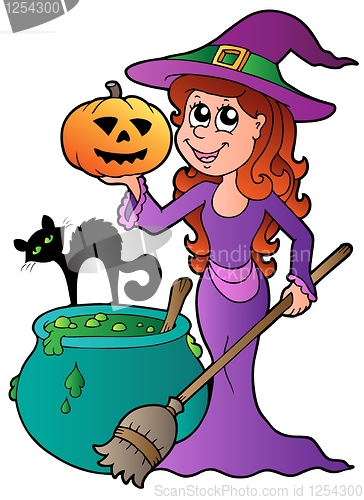 Image of Cartoon Halloween witch with cat