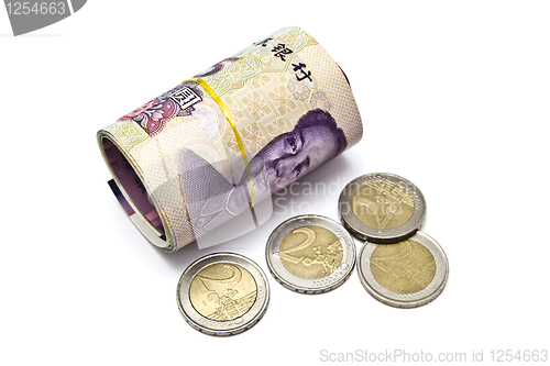 Image of Roll of chinese money and euro coins