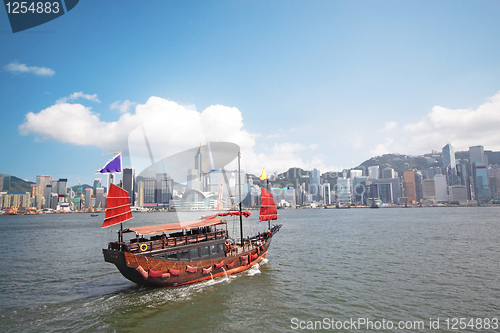 Image of Junk boat with tourists in Hong Kong Victoria Harbour