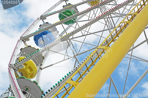 Image of ferris wheel against a blue sky