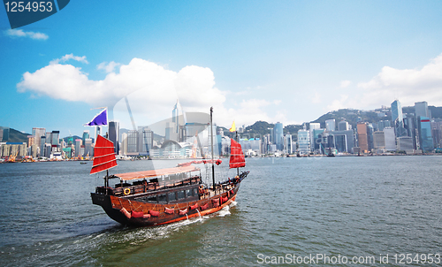 Image of Junk boat with tourists in Hong Kong Victoria Harbour